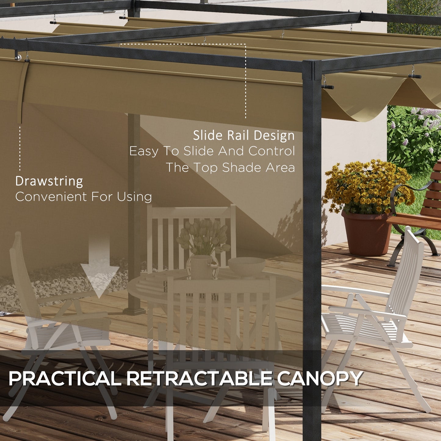 Outsunny 4 x 3(m) Metalowa pergola z rozsuwanym dachem, zadaszenie ogrodowej altany na zewnątrz, patio, khaki