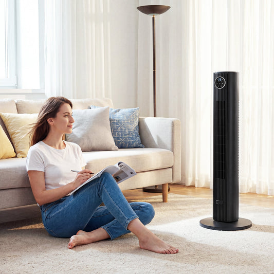 HOMCOM 28dB Tower Fan for Bedroom, 26 ft/s Velocity Standing Cooling Fan with 80° Oscillating, 12 Speeds, LED Display, 4 Modes, 12H Timer, Remote Control, 36 inch, Black
