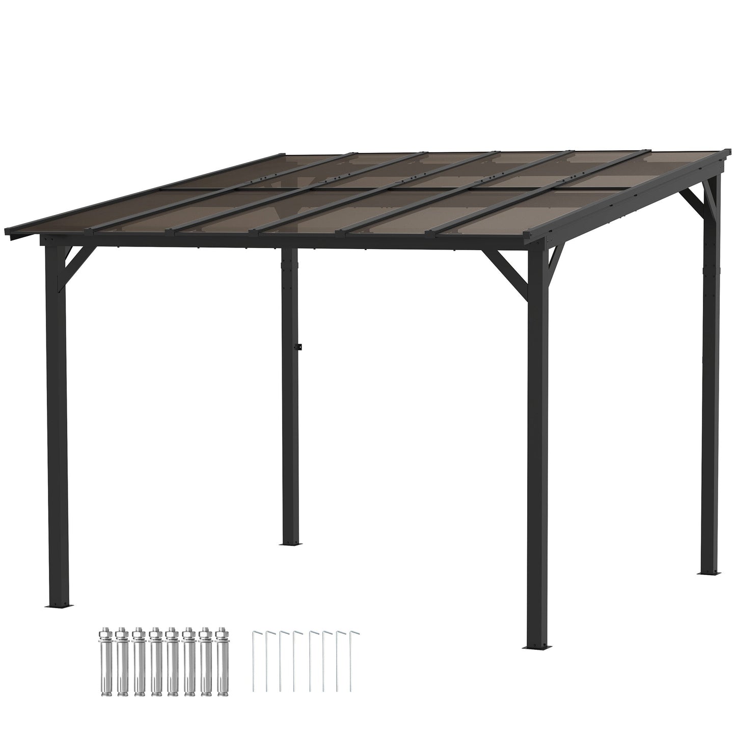 Outsunny 3 x 3(m) Metalowa pergola z UPF 50+ i wodoodpornym dachem z poliwęglanu, montowana na ścianie lub wolnostojąca altana ogrodowa, wiatroodporna osłona przeciwsłoneczna na zewnątrz, ciemnoszara