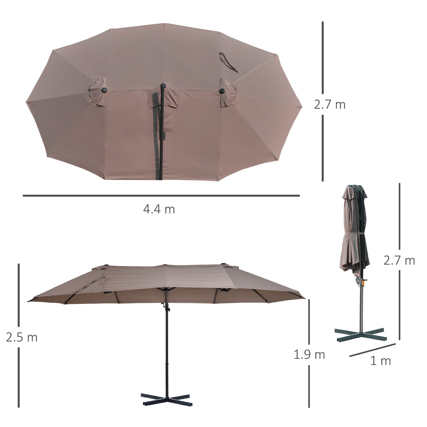 Parasol ogrodowy Outsunny z podwójnym baldachimem i 12 żebrami podporowymi, korbką, łatwy w podnoszeniu, z podwójnym baldachimem, brązowy
