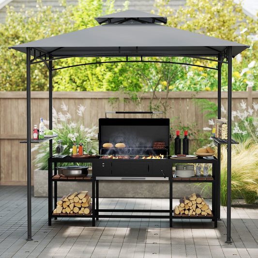 242 x 150 cm Grill Gazebo with 2 Shelves and 6 Hooks-Grey