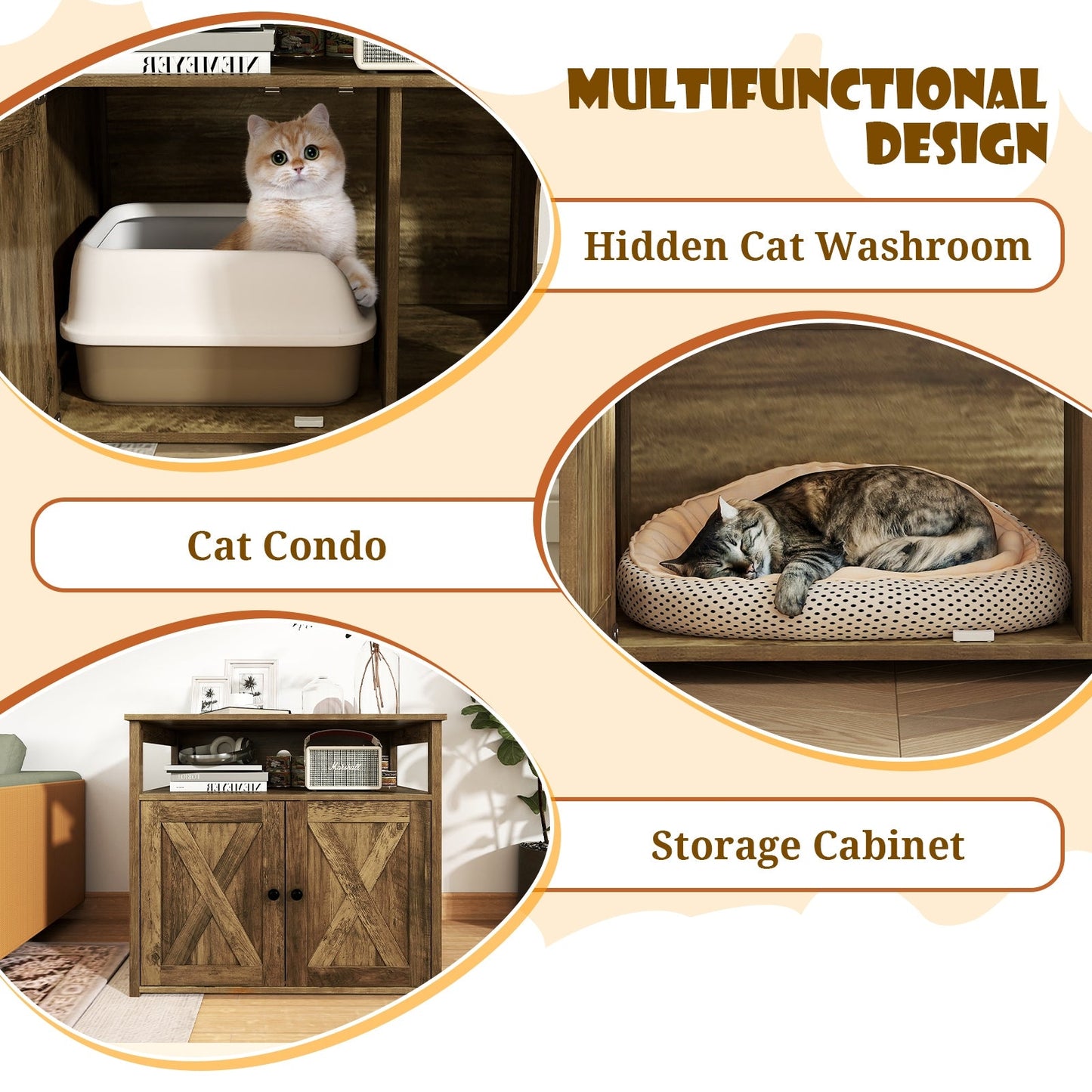 Cat Litter Box Enclosure with Double Barn Doors, Divider, Side Entry and Storage Shelf