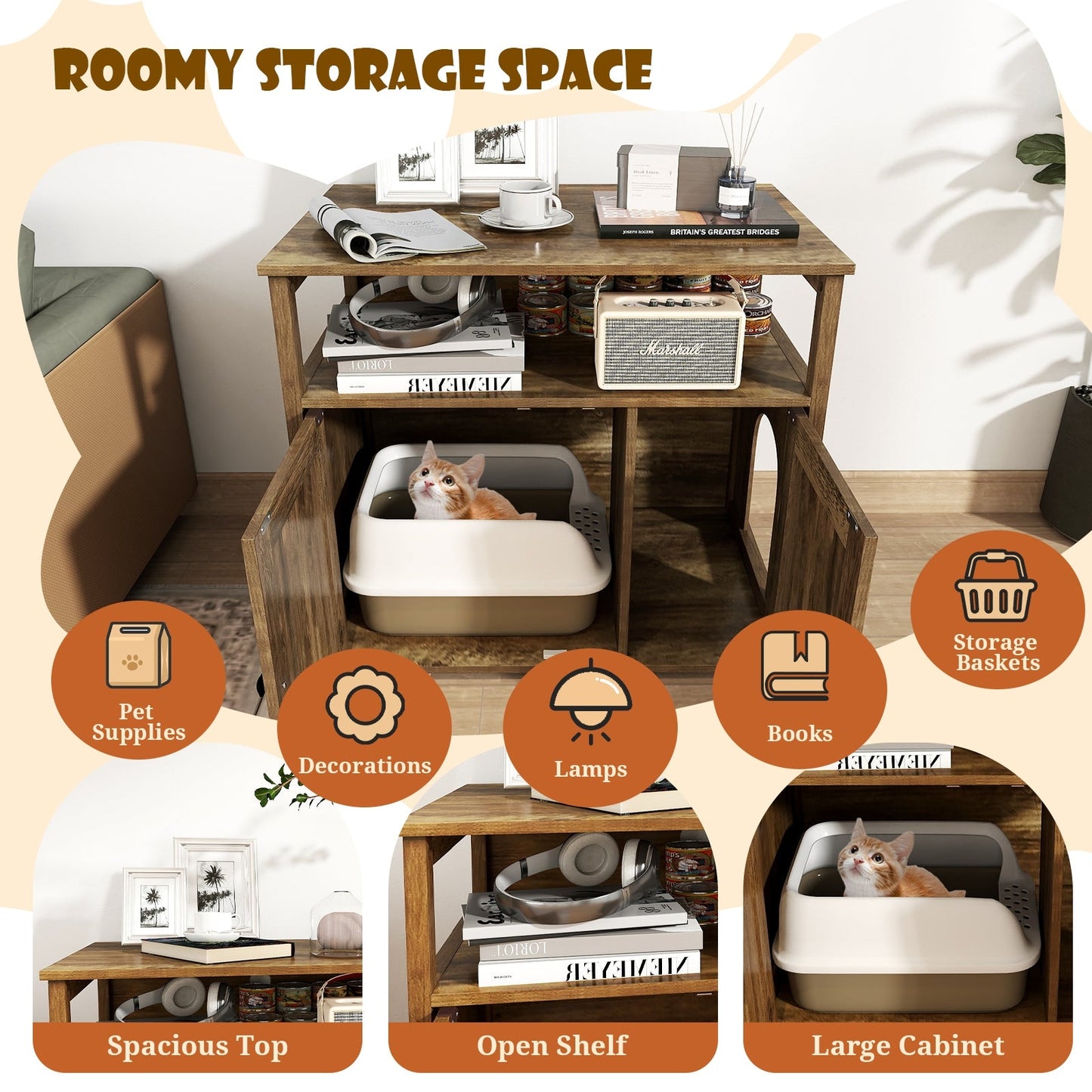 Cat Litter Box Enclosure with Double Barn Doors, Divider, Side Entry and Storage Shelf