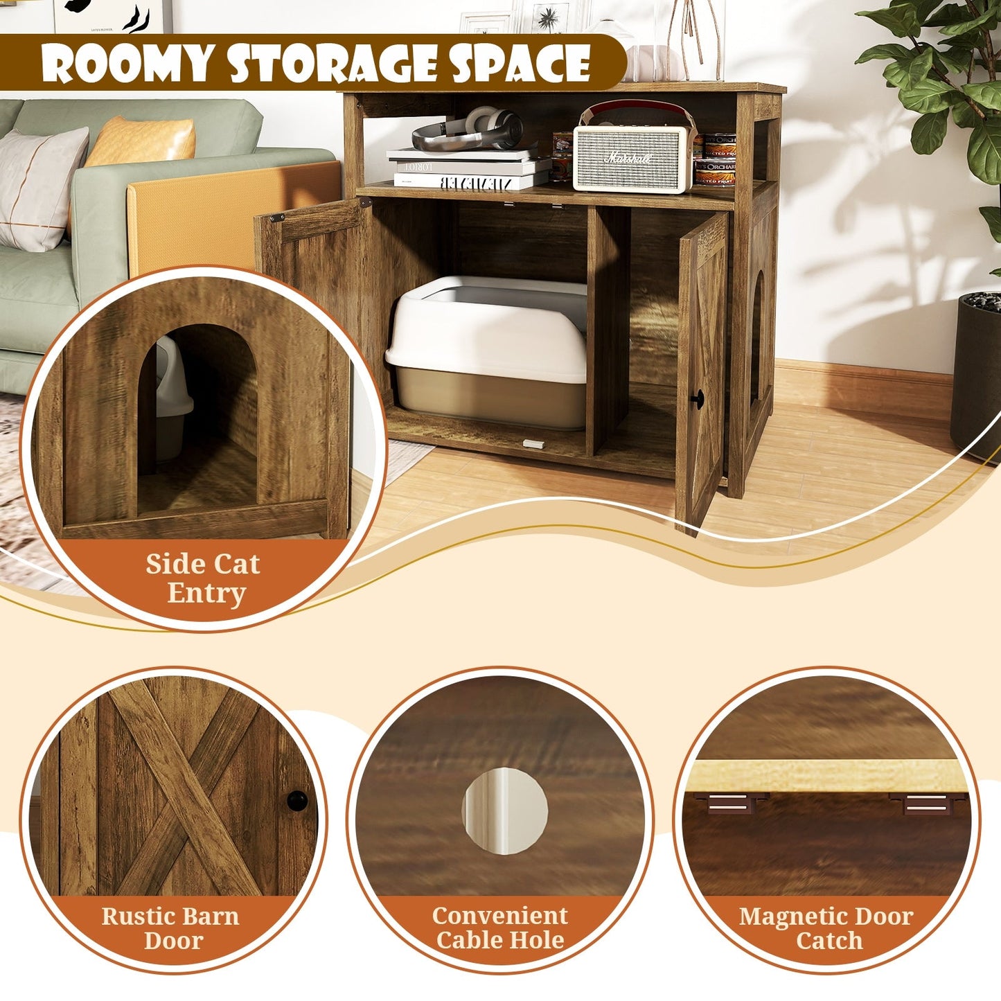 Cat Litter Box Enclosure with Double Barn Doors, Divider, Side Entry and Storage Shelf