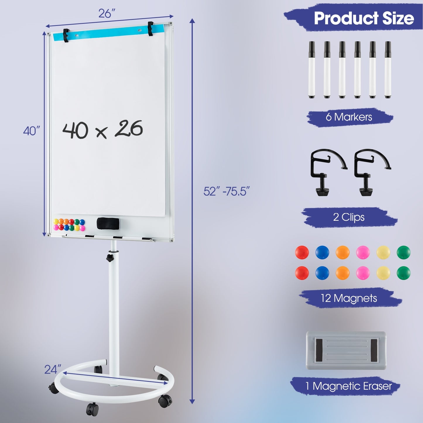100 cm x 65 cm Height-Adjustable Magnetic Whiteboard on Wheels-White