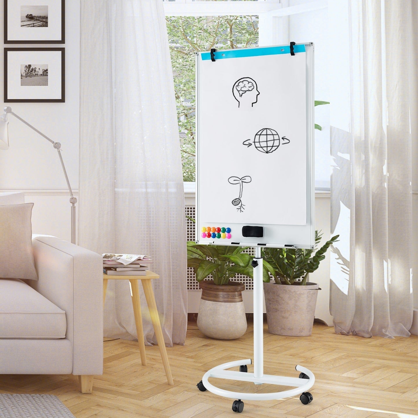 100 cm x 65 cm Height-Adjustable Magnetic Whiteboard on Wheels-White