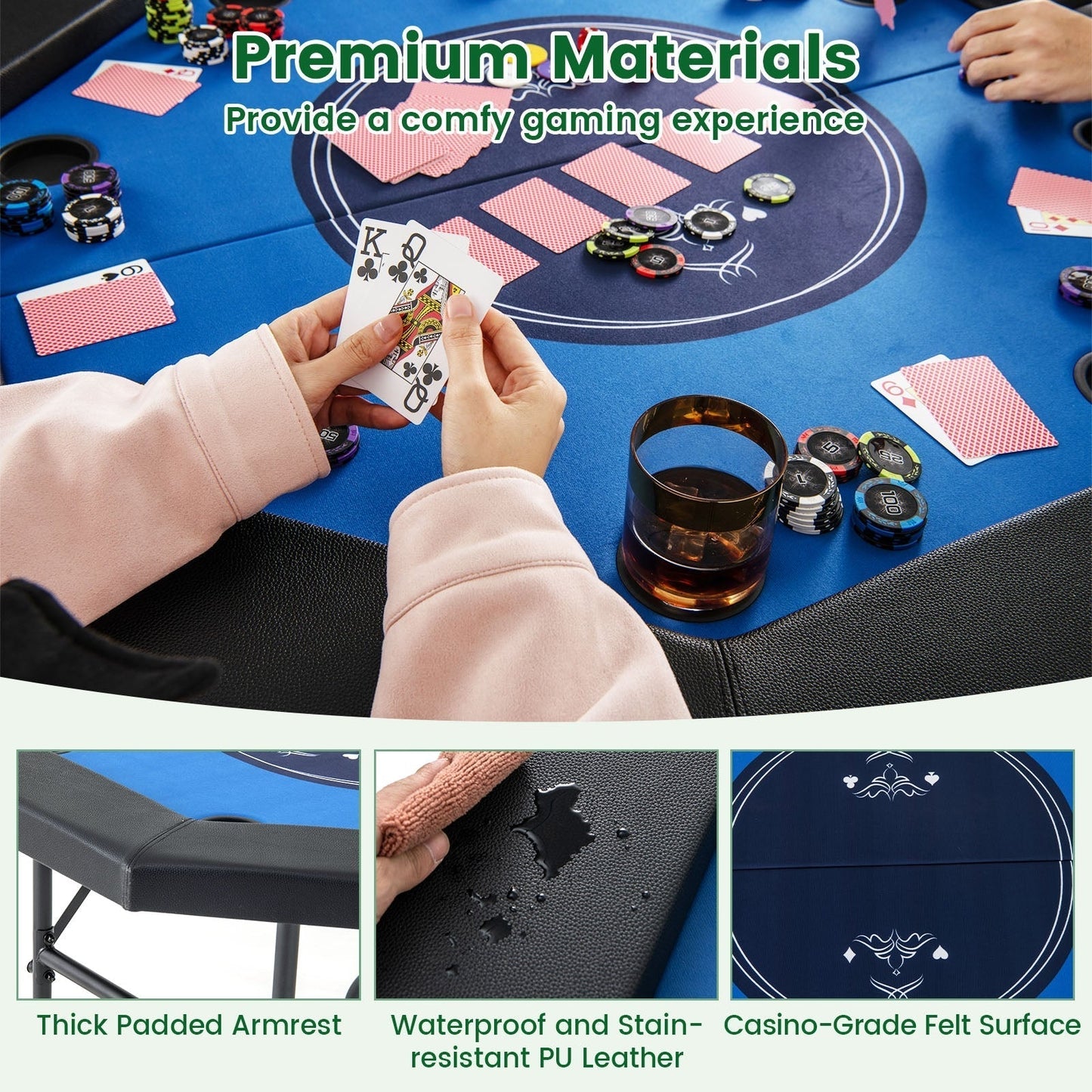 48 Inches Foldable Poker Table with Padded Rails and Cup Holders-Blue