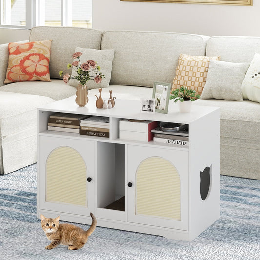 Cat Litter Box Enclosure with Storage and Double Rooms for 2 Cats-White