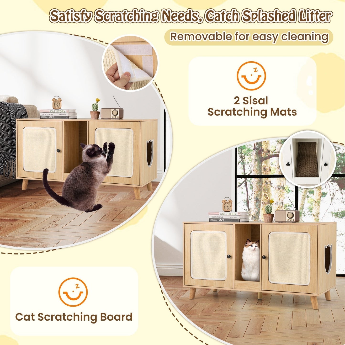Cat Litter Box Enclosure for 2 Cats with Double Rooms and 2 Sisal Scratching Mats-Natural