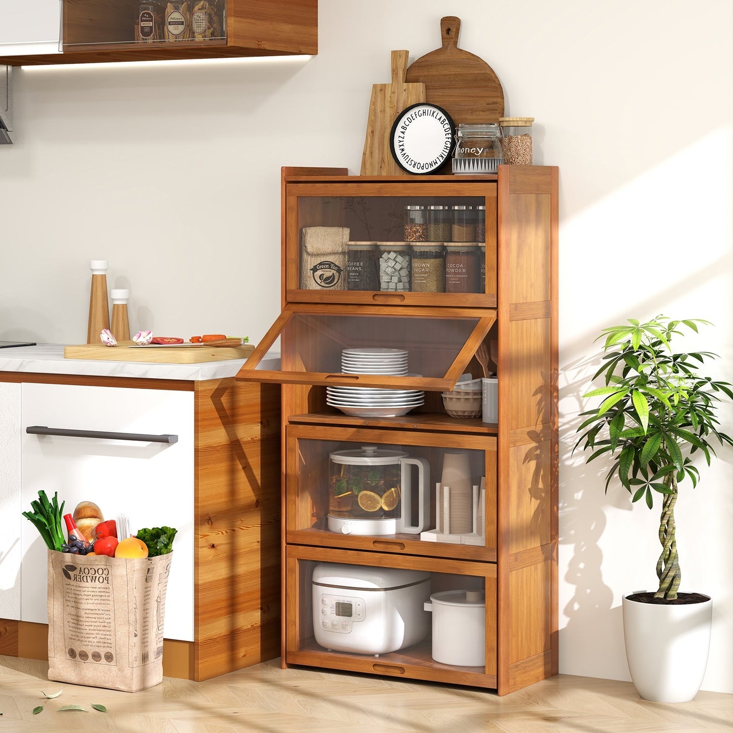 140 cm Bamboo Bookshelf with See-through Acrylic Doors-Brown