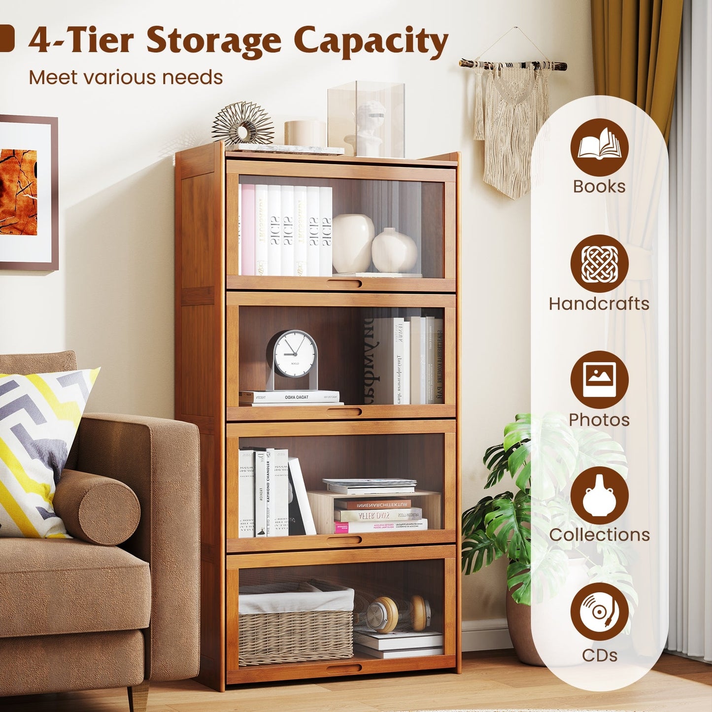 140 cm Bamboo Bookshelf with See-through Acrylic Doors-Brown