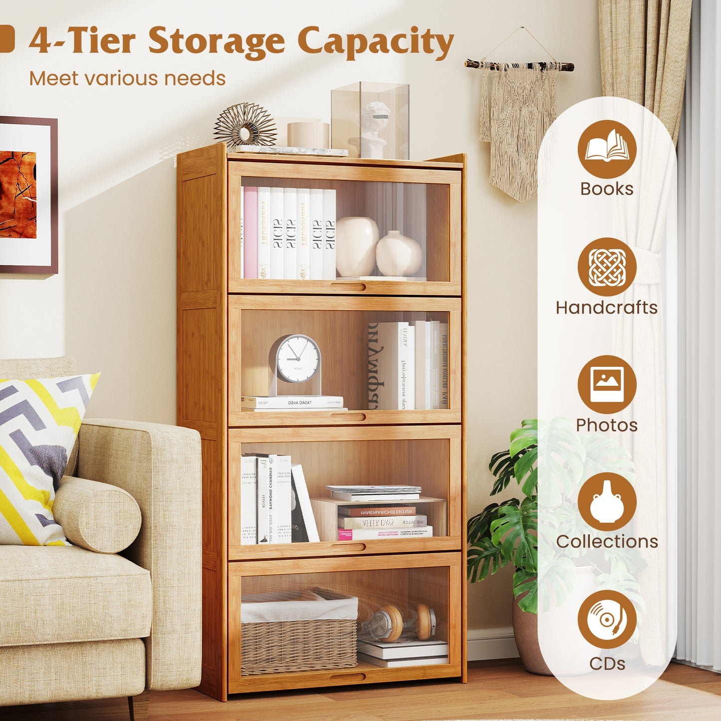 140 cm Bamboo Bookshelf with See-through Acrylic Doors-Natural