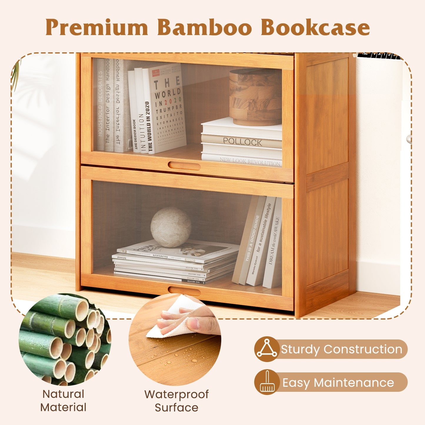 140 cm Bamboo Bookshelf with See-through Acrylic Doors-Natural