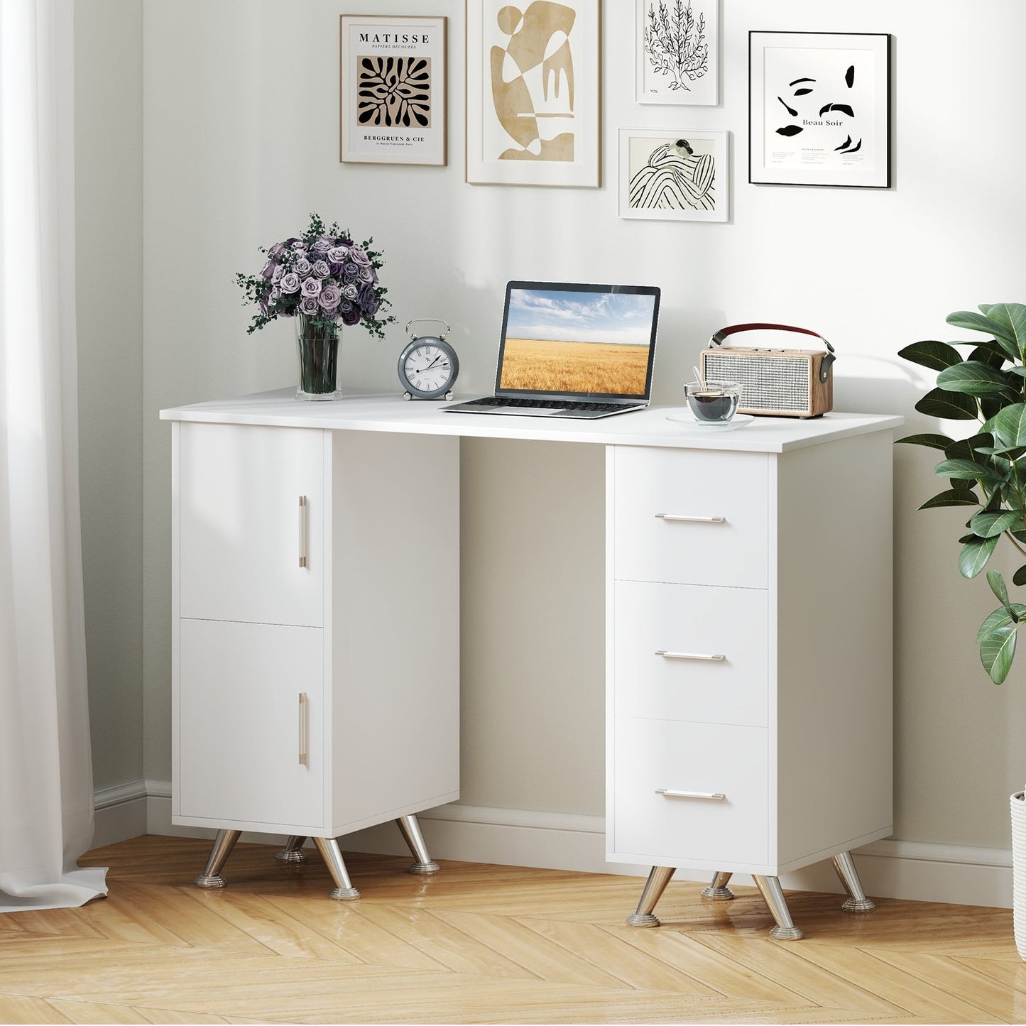 Manicure Table Nail Desk Nail Tech Station with Drawers-White