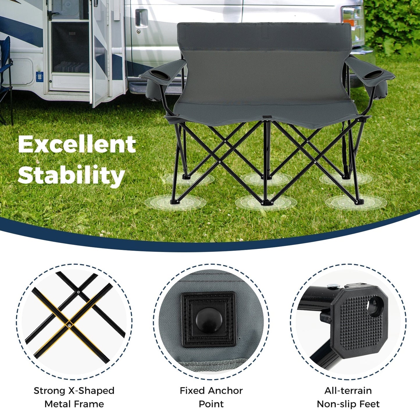 Double Camping Chair with Cup Holders and Carrying Bag-Grey