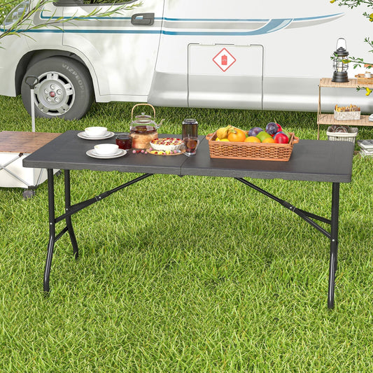 Outdoor Dining Table with Wood Grain HDPE Tabletop and Sturdy Metal Fame-Black