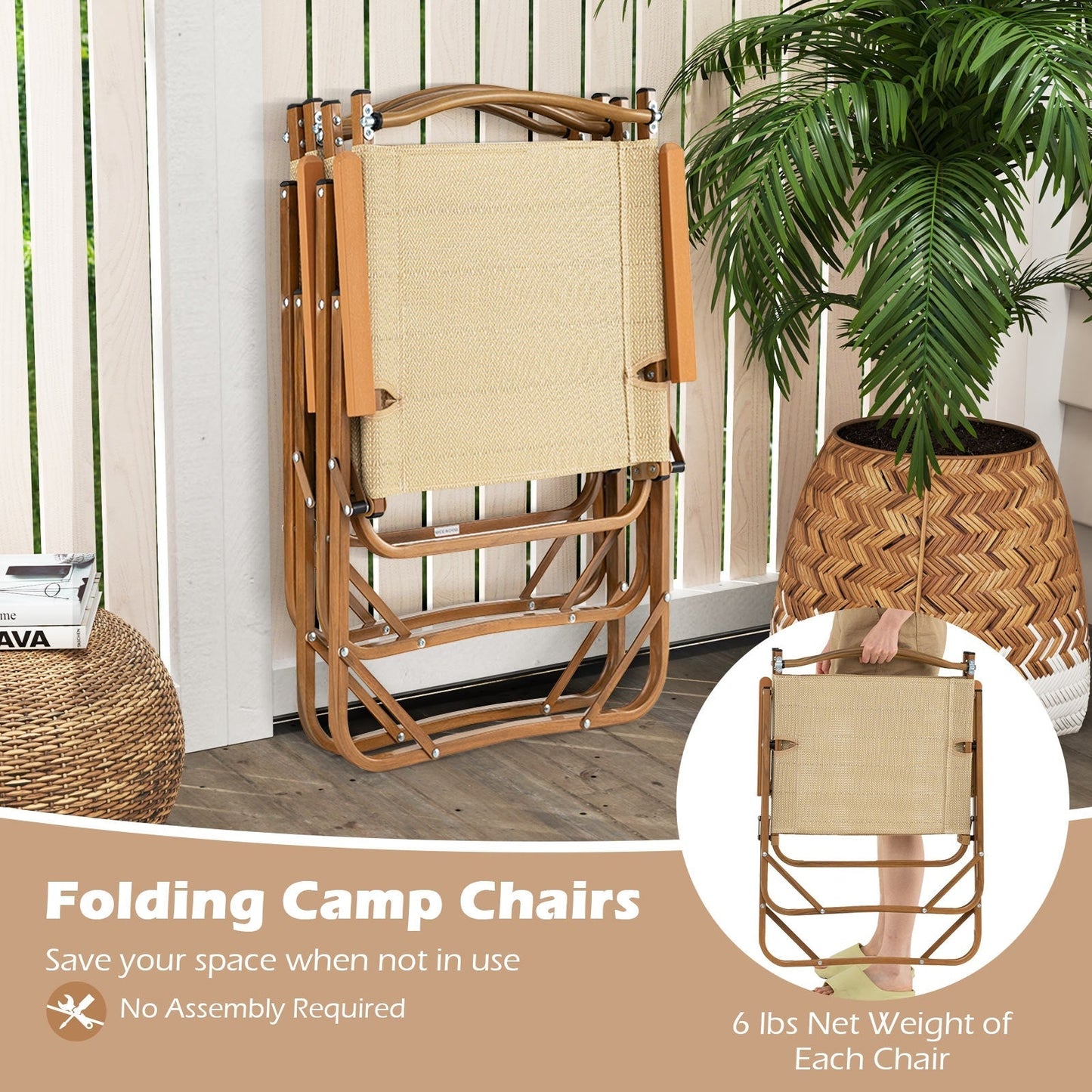 Set of 2 Folding Camp Chairs Lightweight with Aluminum Frame-Beige