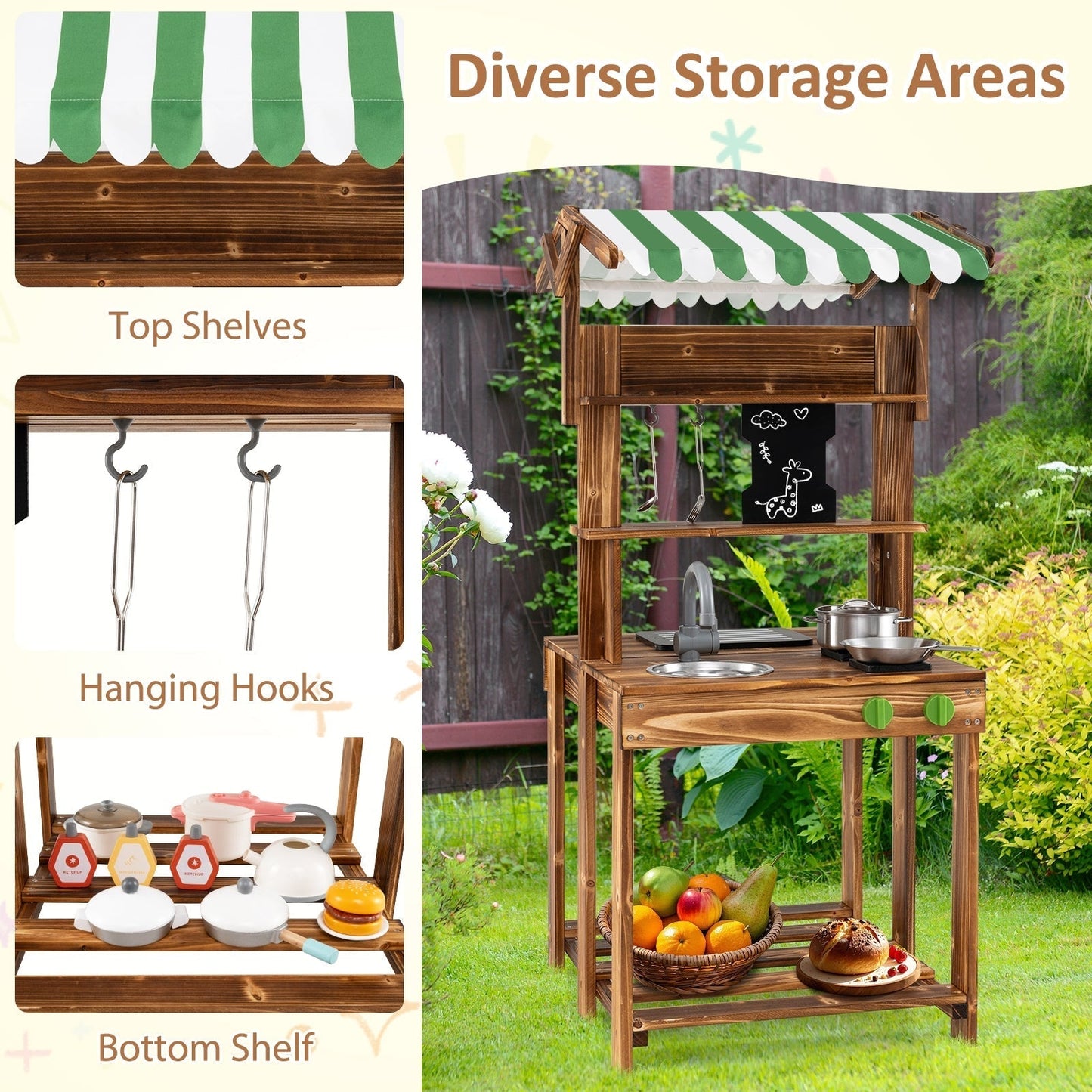 Double-Sided Mud Kitchen Wooden Barbecue Grill Playset with Canopy-Natural