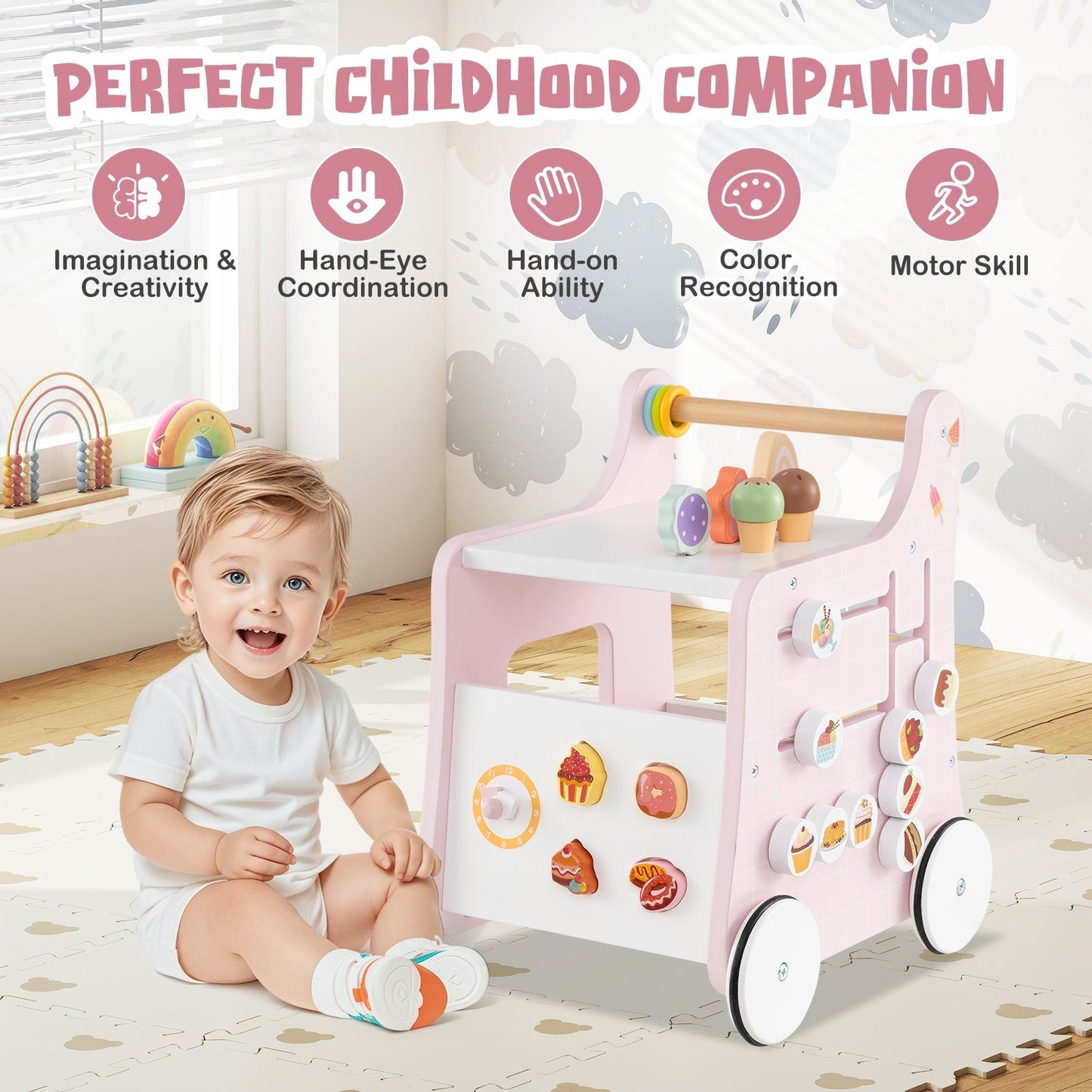 Multifunctional Ice Cream Cart Toy with Sweet Accessories and Smooth Wheels-Pink
