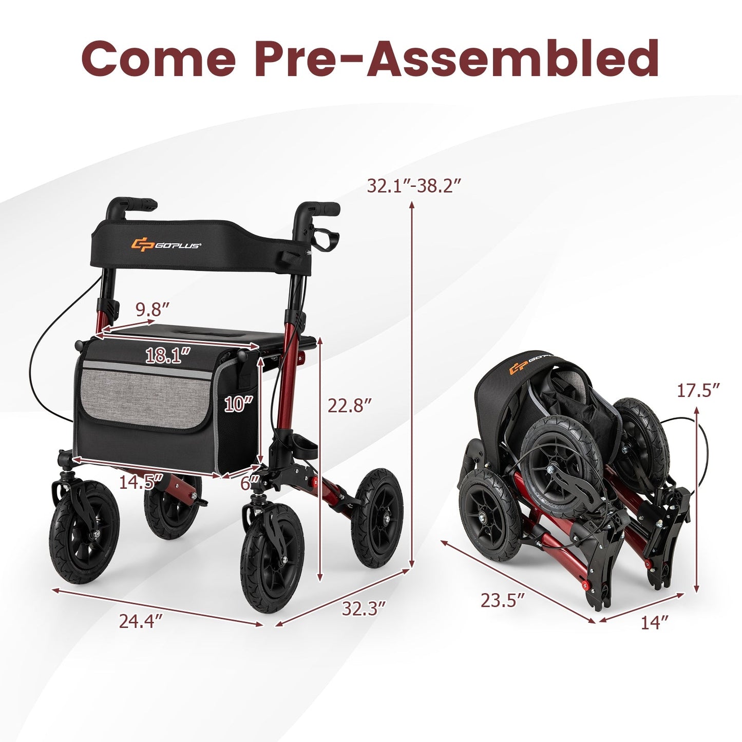 Walker for Seniors with Seat Folding Rollator Walker with Pneumatic Tires-Red