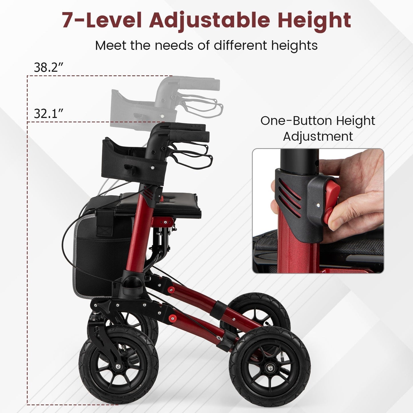 Walker for Seniors with Seat Folding Rollator Walker with Pneumatic Tires-Red