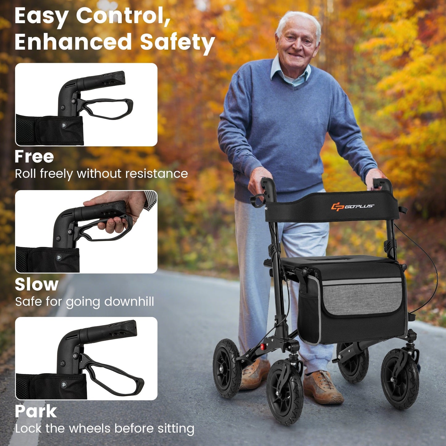 Walker for Seniors with Seat Folding Rollator Walker with Pneumatic Tires-Black