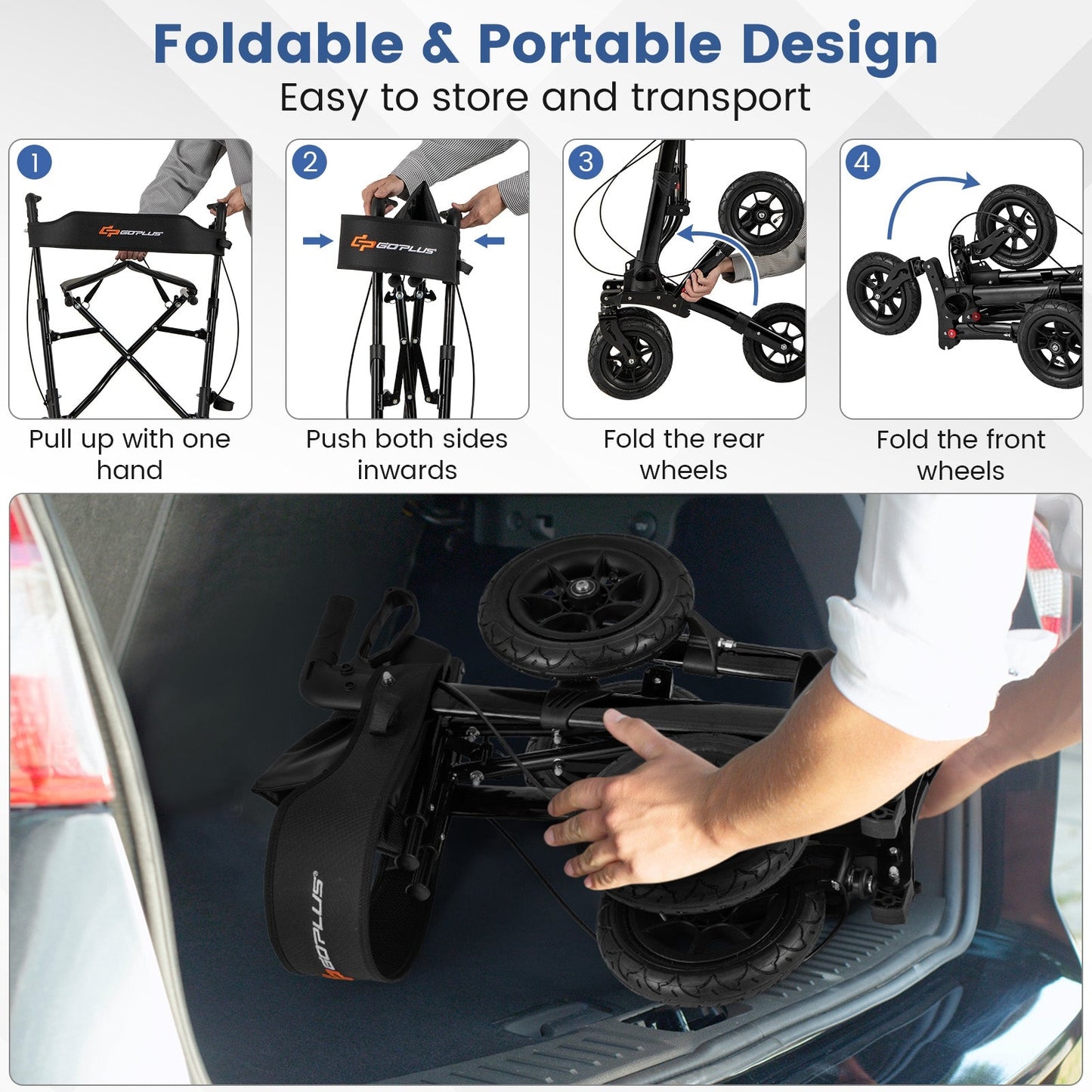 Walker for Seniors with Seat Folding Rollator Walker with Pneumatic Tires-Black