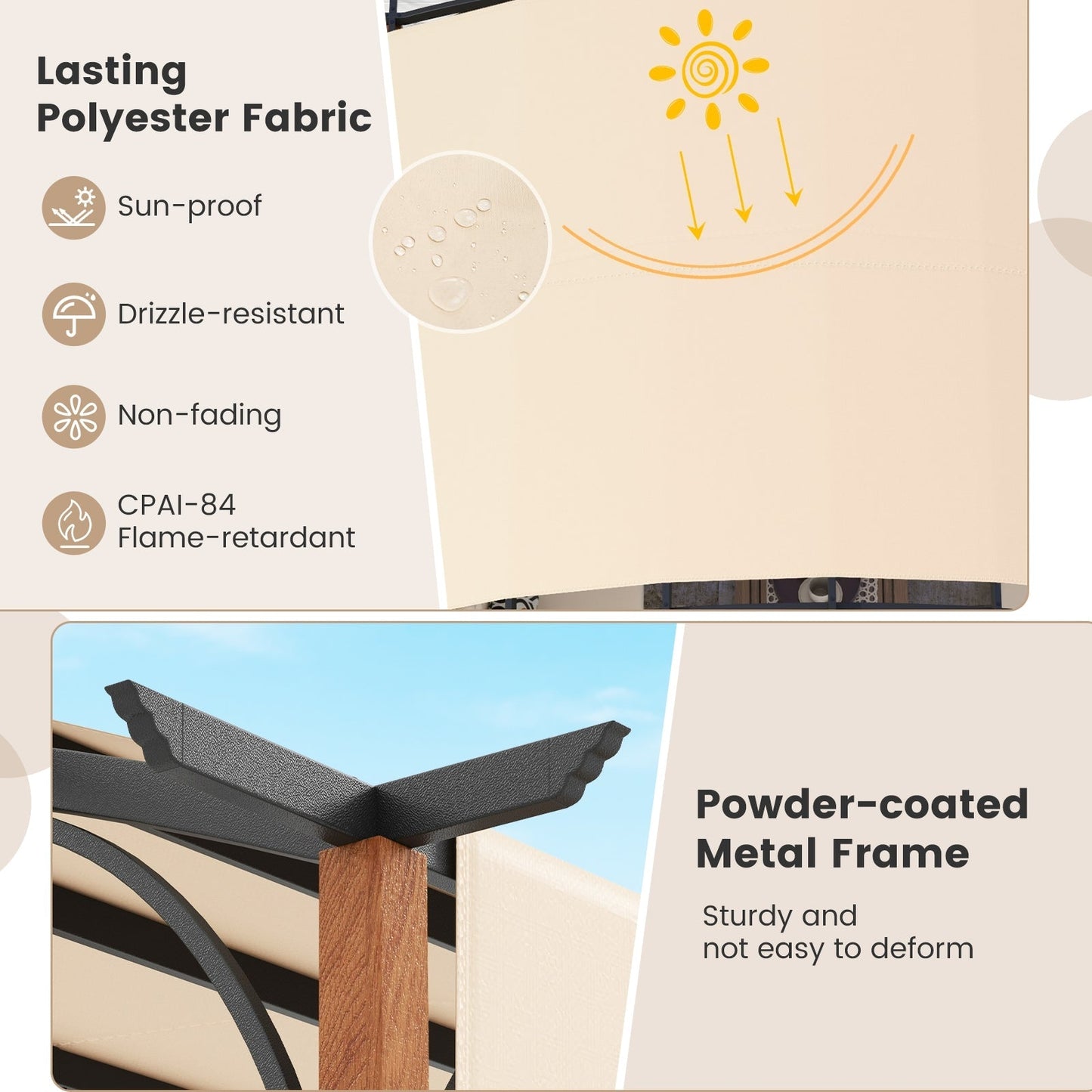 10 x 12 FT Outdoor Retractable Pergola with Retractable Canopy for Patio-Beige