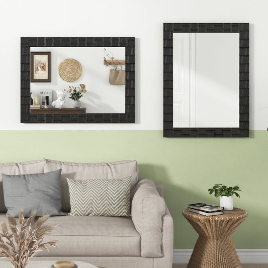 80 x 60 cm Wooden Framed Wall Mirror with Metal Hooks-Black