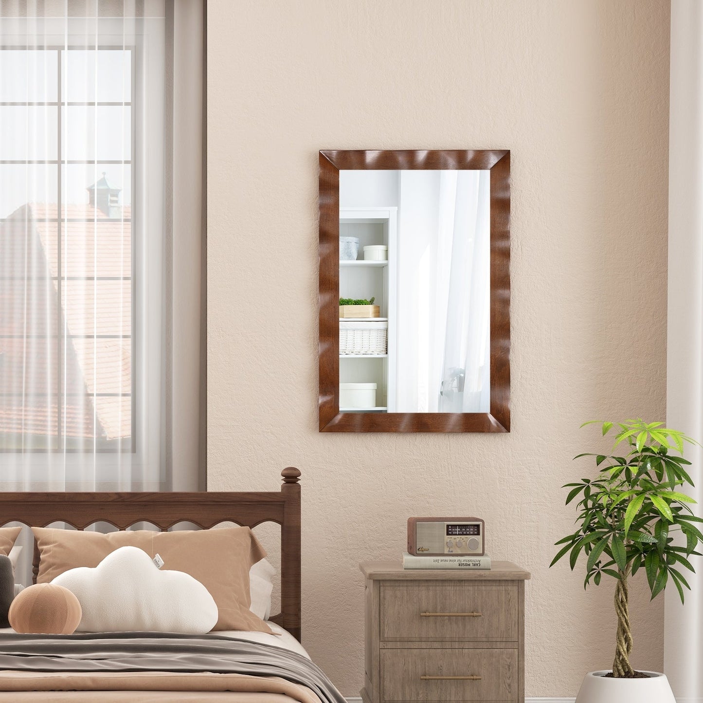 Farmhouse Wall Mirror Rubber Wood Rustic Style Wall Mirror-Brown