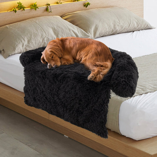 Fluffy Dog Mat Couch Cover Protector with Detachable Washable Cover and Anti-slip Bottom-Black-L