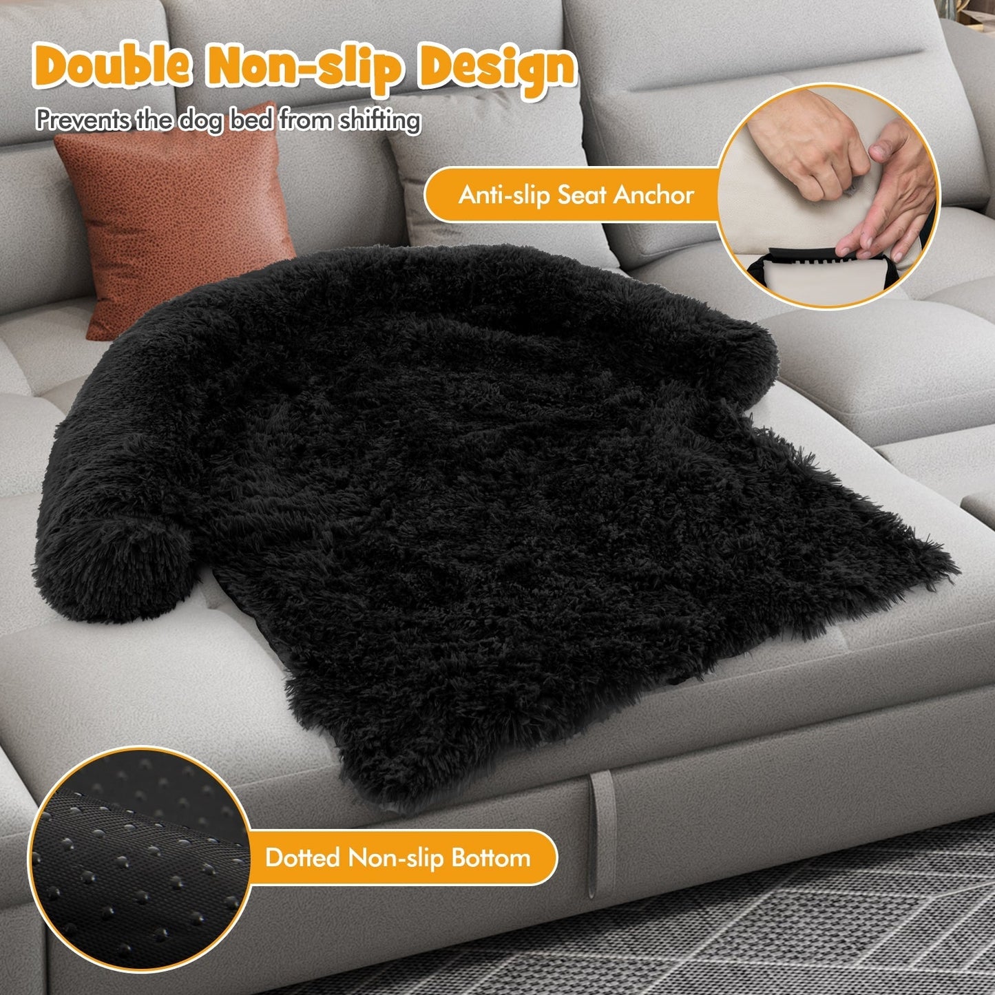 Fluffy Dog Mat Couch Cover Protector with Detachable Washable Cover and Anti-slip Bottom-Black-L