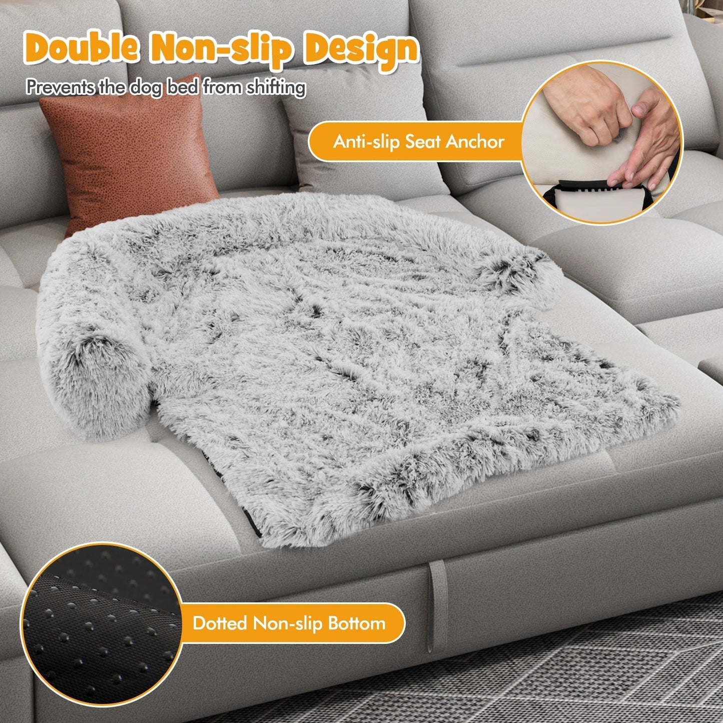 Fluffy Dog Mat Couch Cover Protector with Detachable Washable Cover and Anti-slip Bottom-White-M