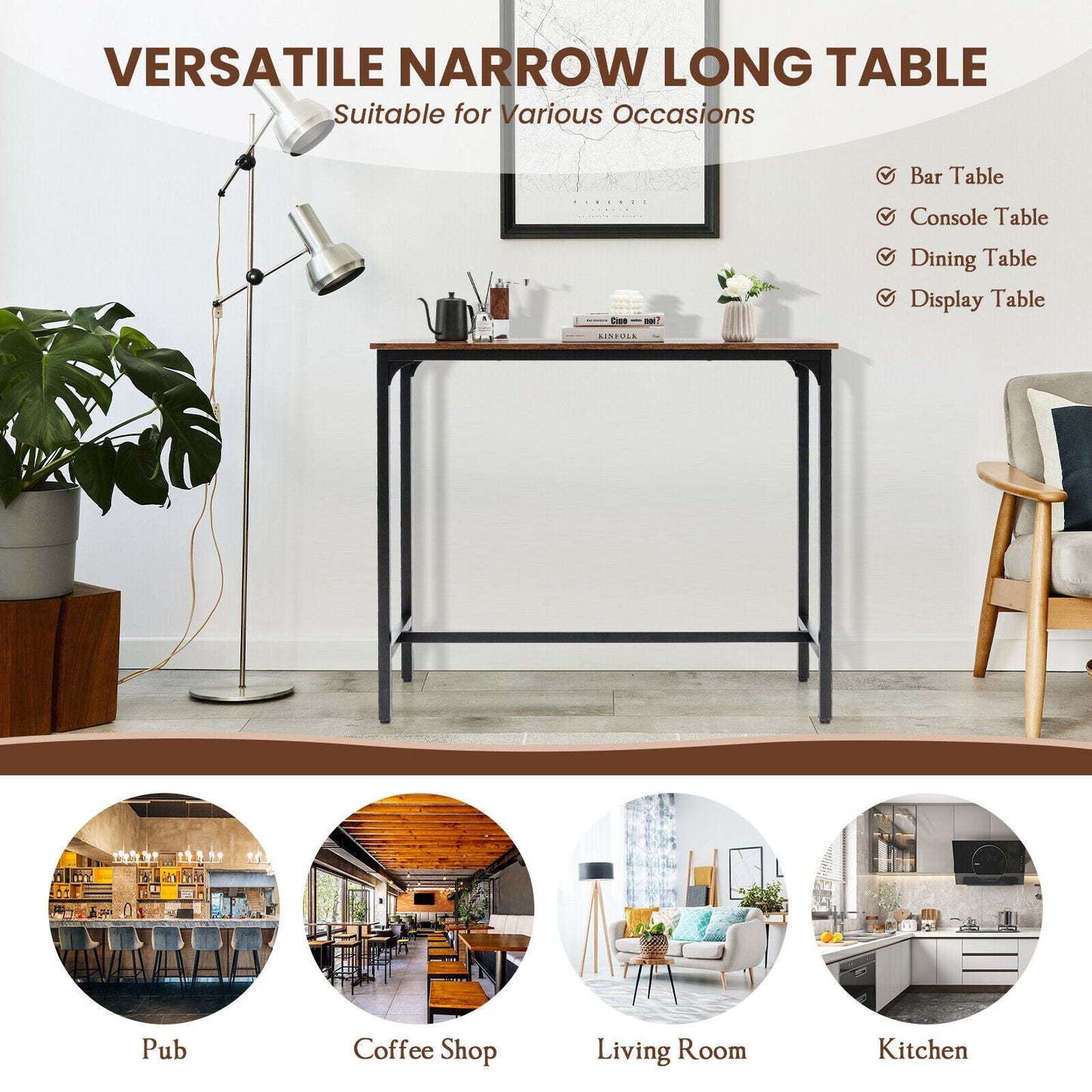 120 x 40 cm Industrial High Bar Table for Kitchen & Cafe & Pub