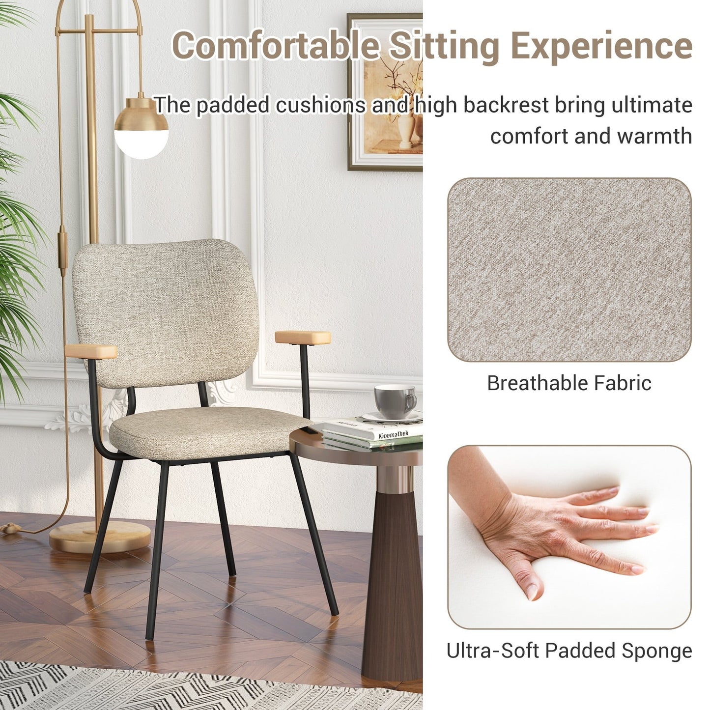 Set of 2 Modern Fabric Dining Chairs with Armrest and Curved Backrest
