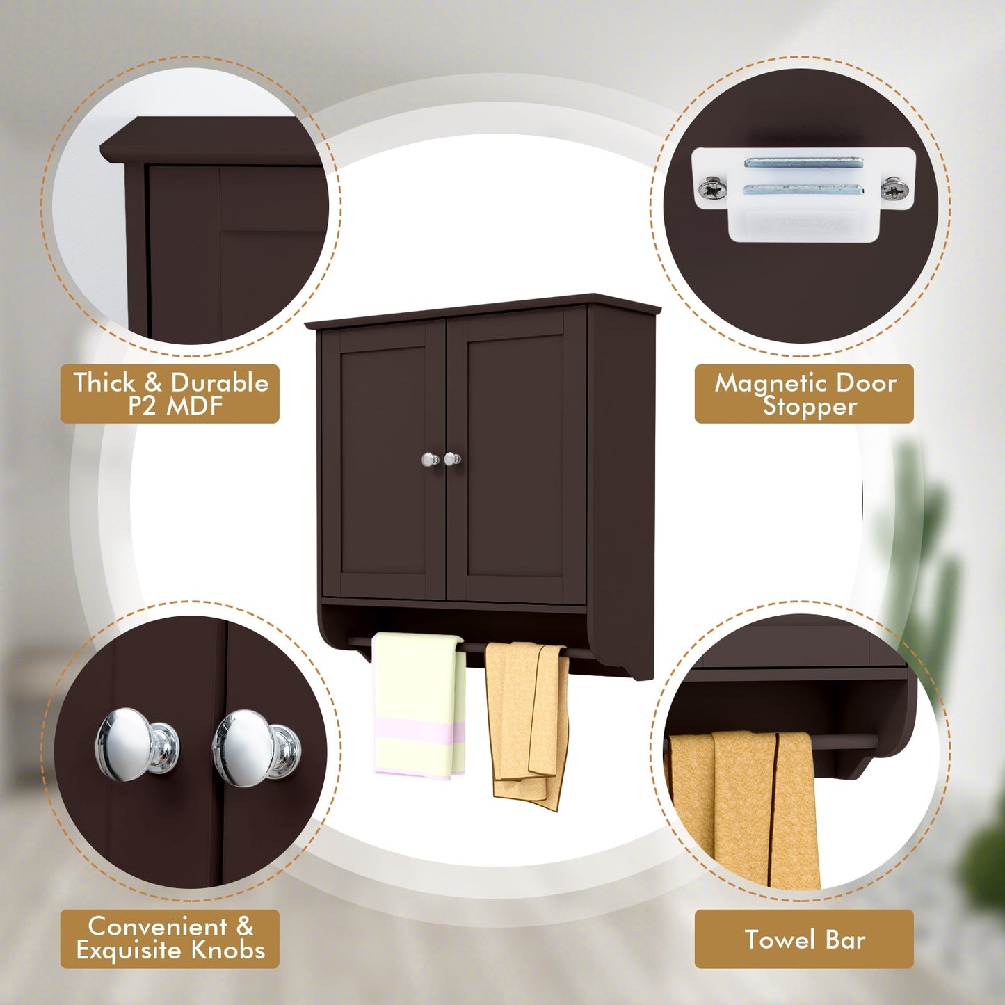 Wall Mounted Bathroom Storage Medicine Cabinet with Towel Bar-Brown