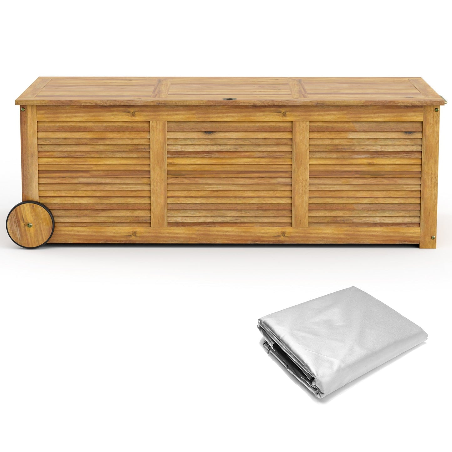 Rolling Patio Wooden Deck Box with 2 Wheelsand Side Handle for Outdoor