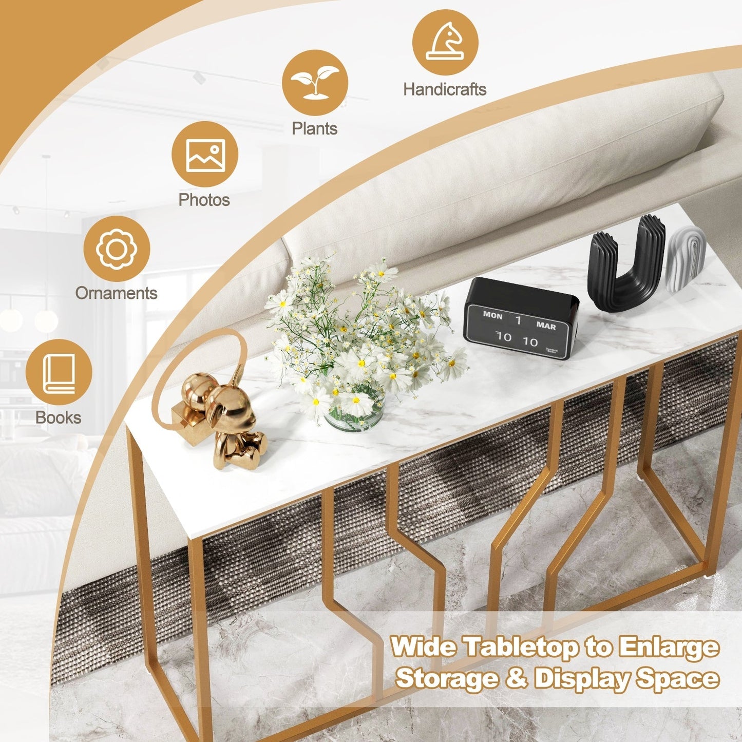 110 cm Gold Console Table Entryway Table with Faux Marble Tabletop-White & Golden