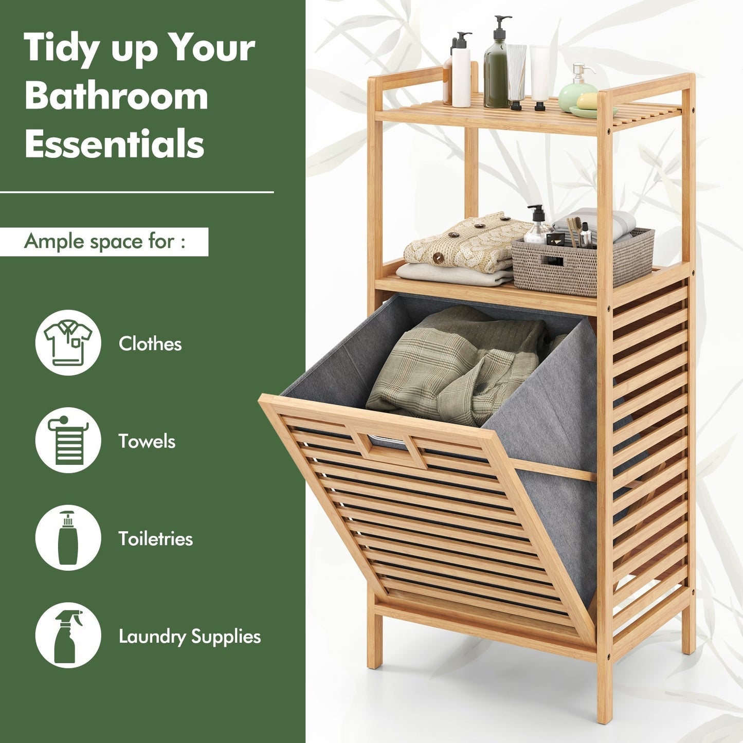 Tilt out Laundry Hamper with 2-Tier Storage Shelves-Natural