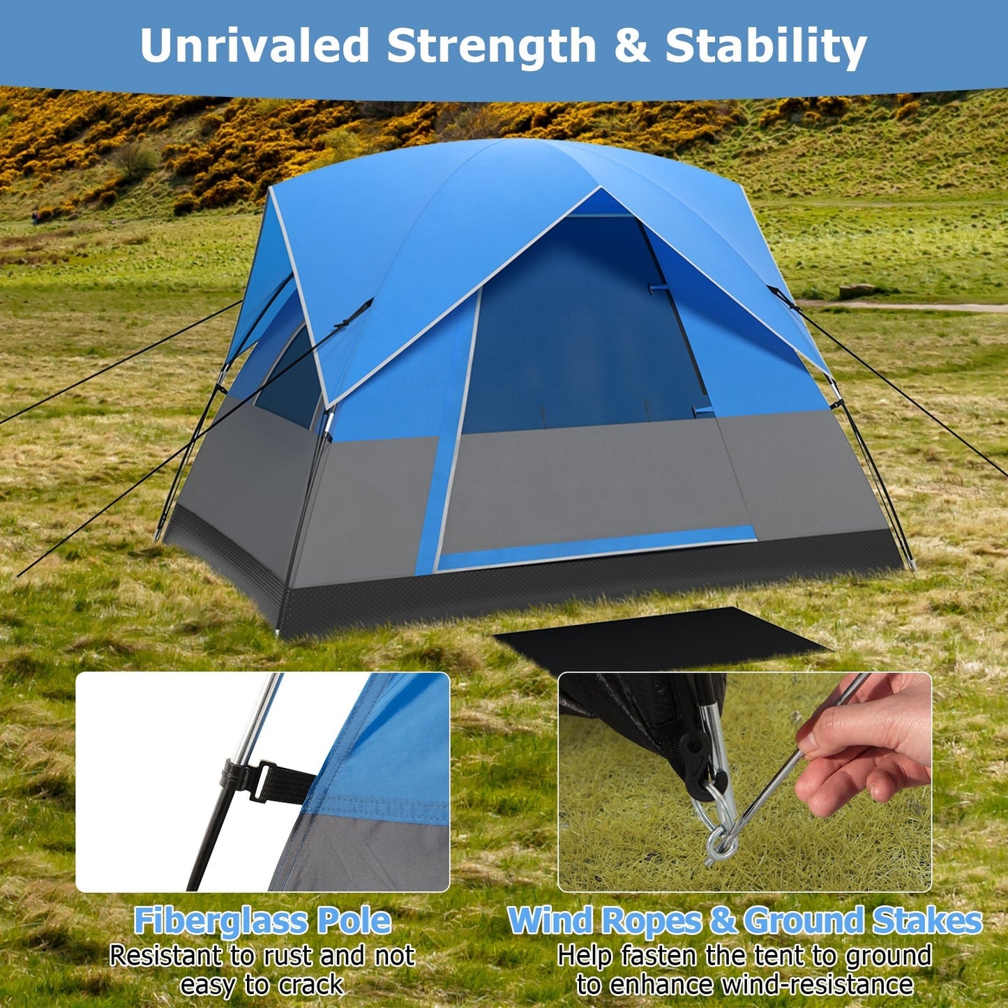 3-Person Outdoor Camping Tent with Removable Floor Mat-Black & Blue