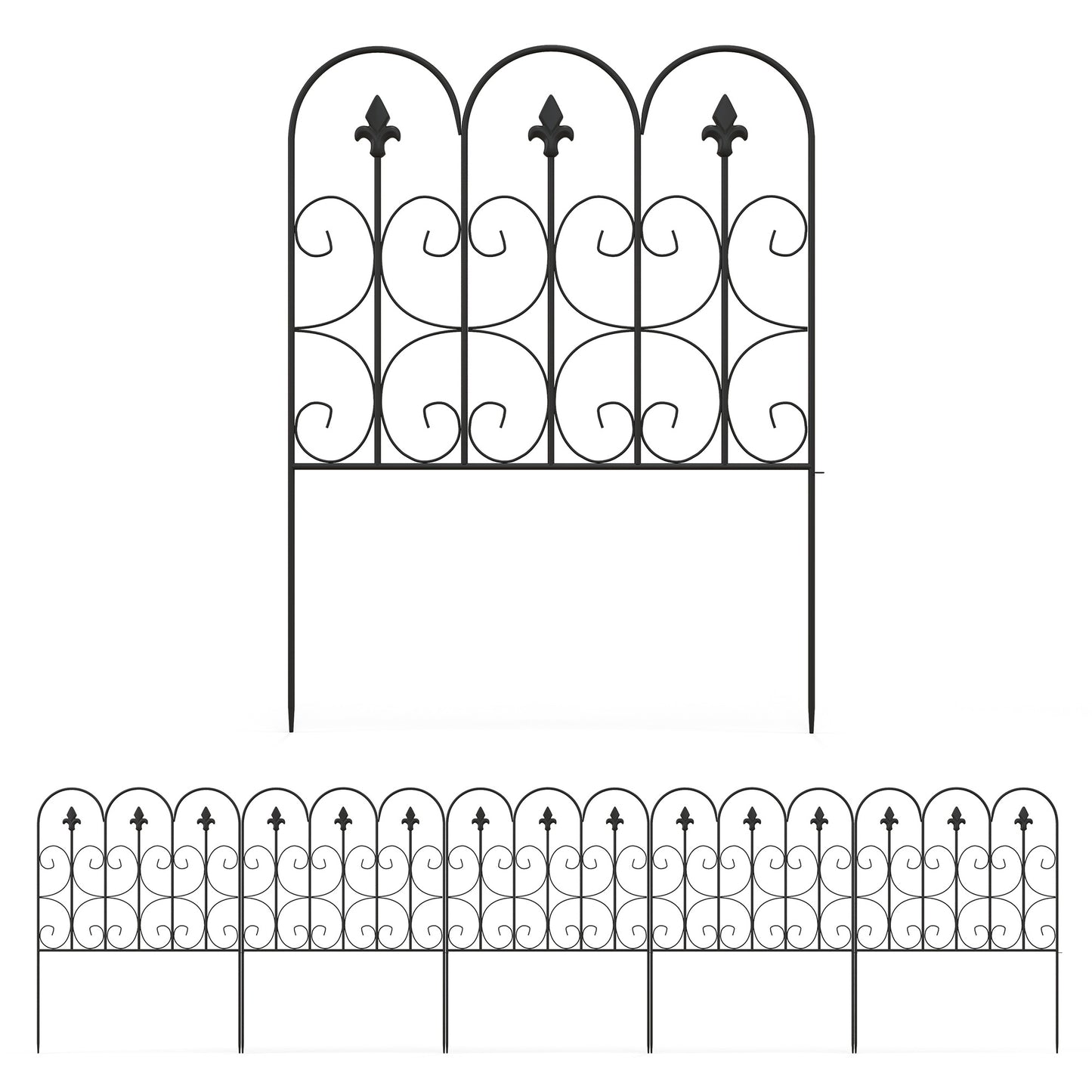 Outsunny Decorative Garden Fencing, 5PCs Outdoor Picket Fence Panels, Rustproof Metal Wire Landscape Flower Bed Border Edging Animal Barrier, Black