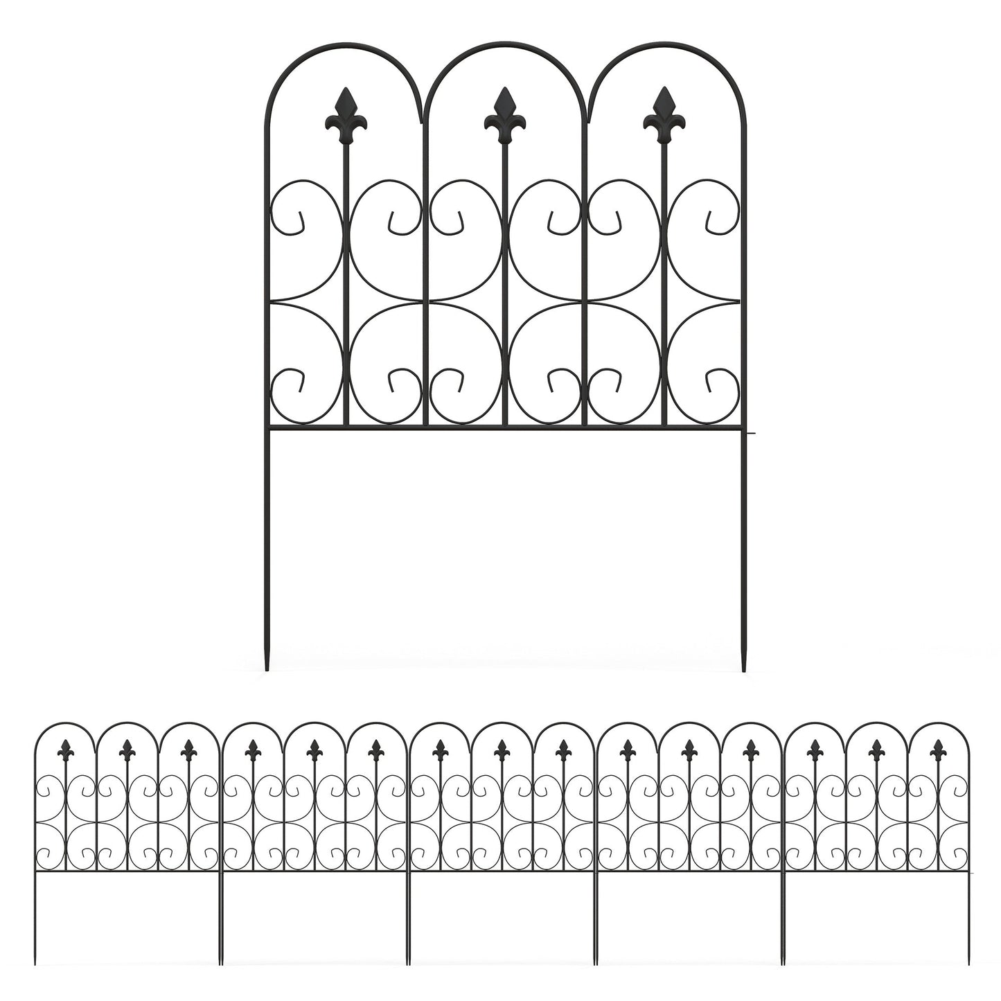 Outsunny Decorative Garden Fencing, 83cm (H) x 3m (L) 5PCs Outdoor Picket Fence Panels, Rustproof Metal Wire Landscape Flower Bed Border Edging Animal Barrier, Black