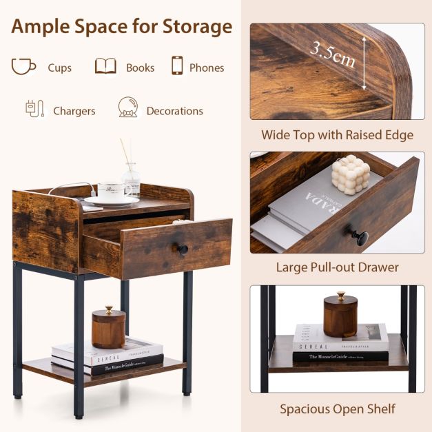 Nightstand with Charging Station Storage Drawer and Open Shelf-Rustic Brown