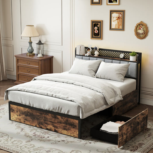 Industrial Metal Platform Bed with LED Lights and USB Power Outlets -Double Size