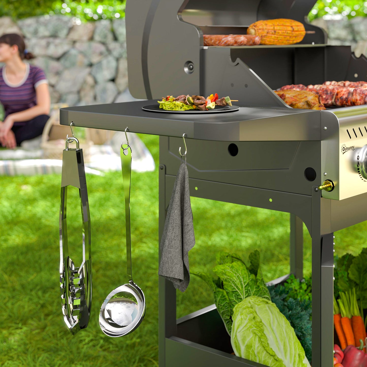 Outsunny 7,5 kW trzypalnikowy grill gazowy BBQ z przezroczystą pokrywą - czarny