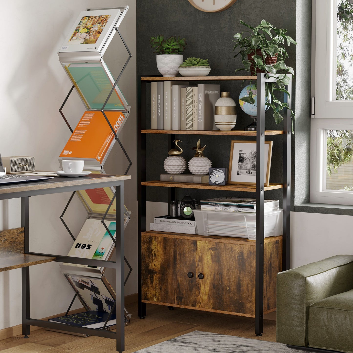 HOMCOM Industrial Bookshelf, szafka do przechowywania z 3 poziomami i drzwiami, do domowego biura, salonu Rustykalny brąz