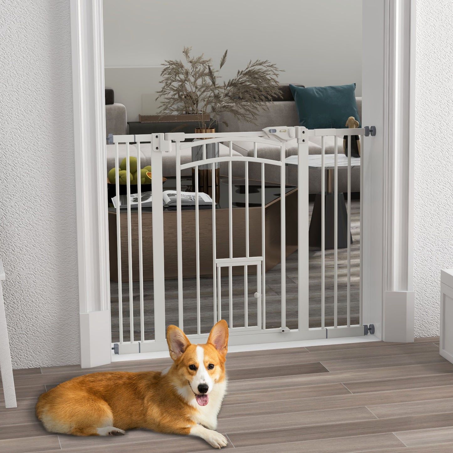 PawHut Pressure Fit Stair Dog Gate z drzwiczkami dla małych kotów, automatycznie zamykane drzwi, podwójna blokada, do otworów o szerokości 74-100 cm - biały