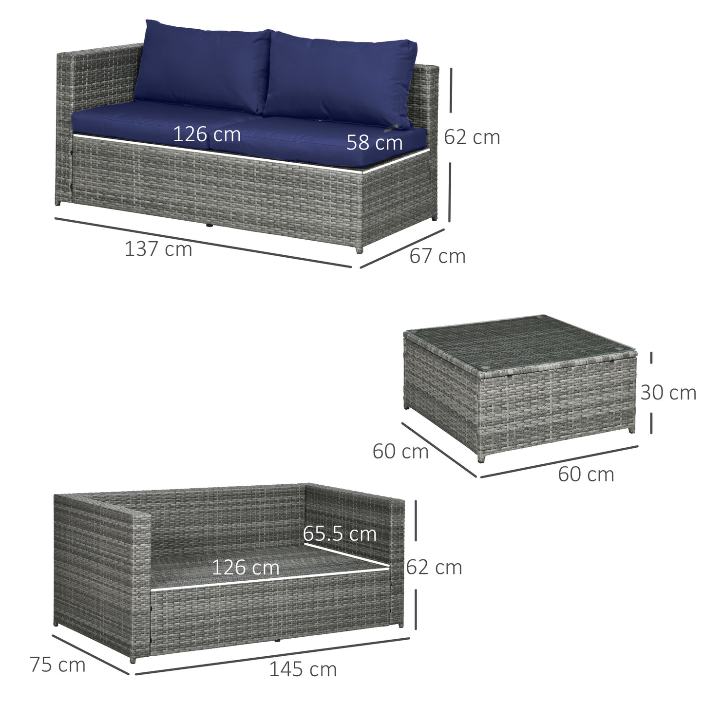 Outsunny 3-częściowy zestaw mebli ogrodowych z rattanu PE z poduszkami o grubości 10 cm, 4-osobowy zestaw narożny do ogrodu ze szklanym blatem, stolik kawowy, meble ogrodowe na patio, werandę, niebieski