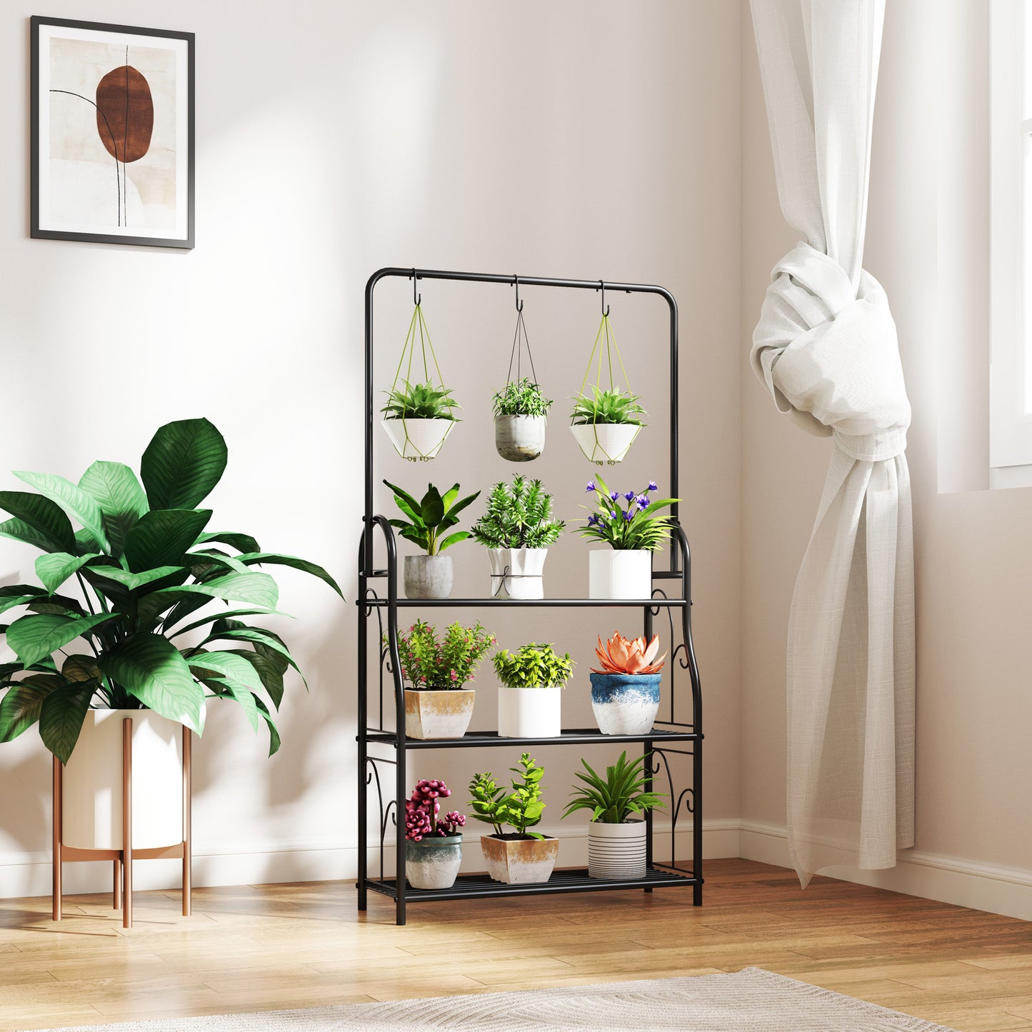 3-poziomowy stojak na rośliny Outsunny z drążkiem i haczykami, metalowa półka na rośliny, doniczka drabinkowa do wnętrz, na balkon, werandę, do salonu, sypialni, czarny