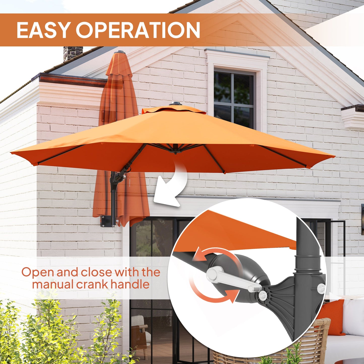 Outsunny 3(m) Wall-Mounted Parasol Shade, with Handle - Orange